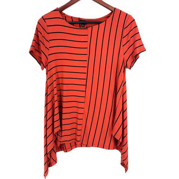 LISA BAYNE Sz Small Orange Black Super Stretchy Wearable Art Blouse Shirt Top - Picture 1 of 5